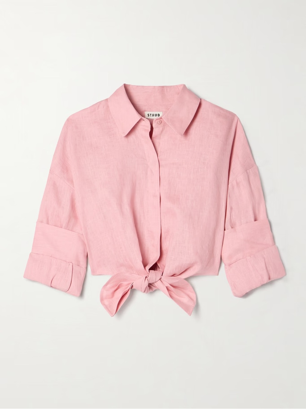 STAUD Blush Pink Linen Tie-Front Button-Down Shirt